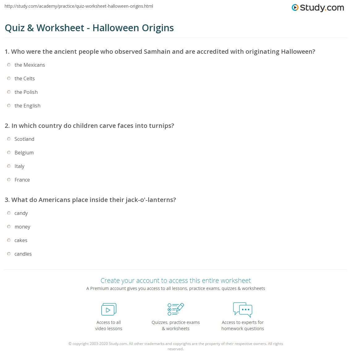 Quiz &amp;amp; Worksheet - Halloween Origins | Study