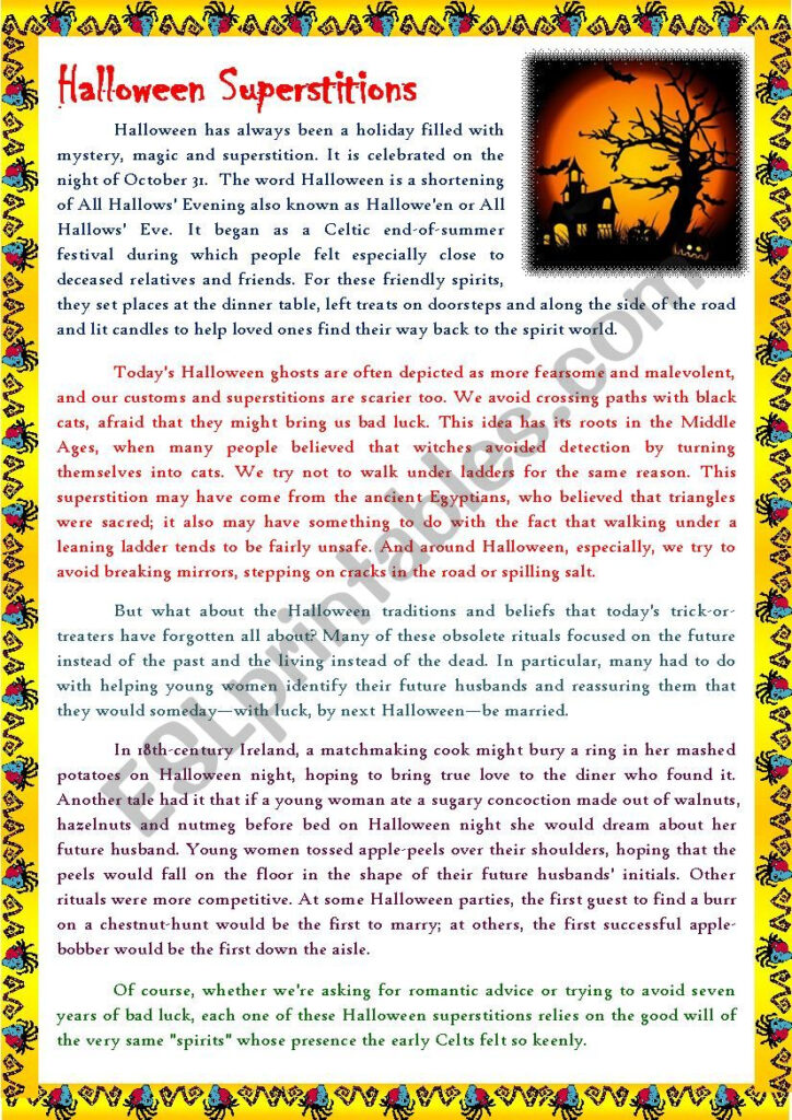 Reading Articles   Halloween Superstitions   Esl Worksheet