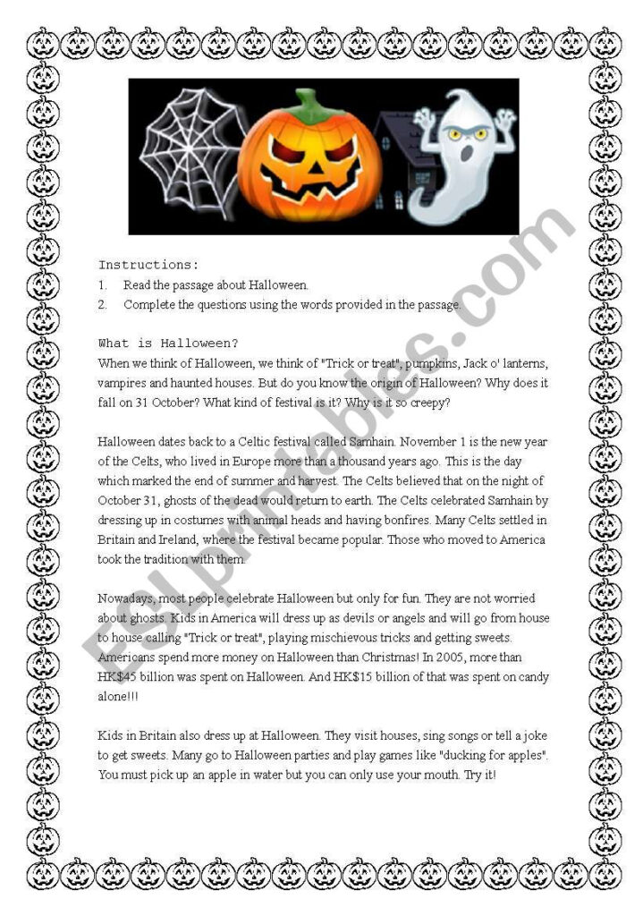 Reading Comprehension On Halloween   Esl Worksheetmj Ay2002
