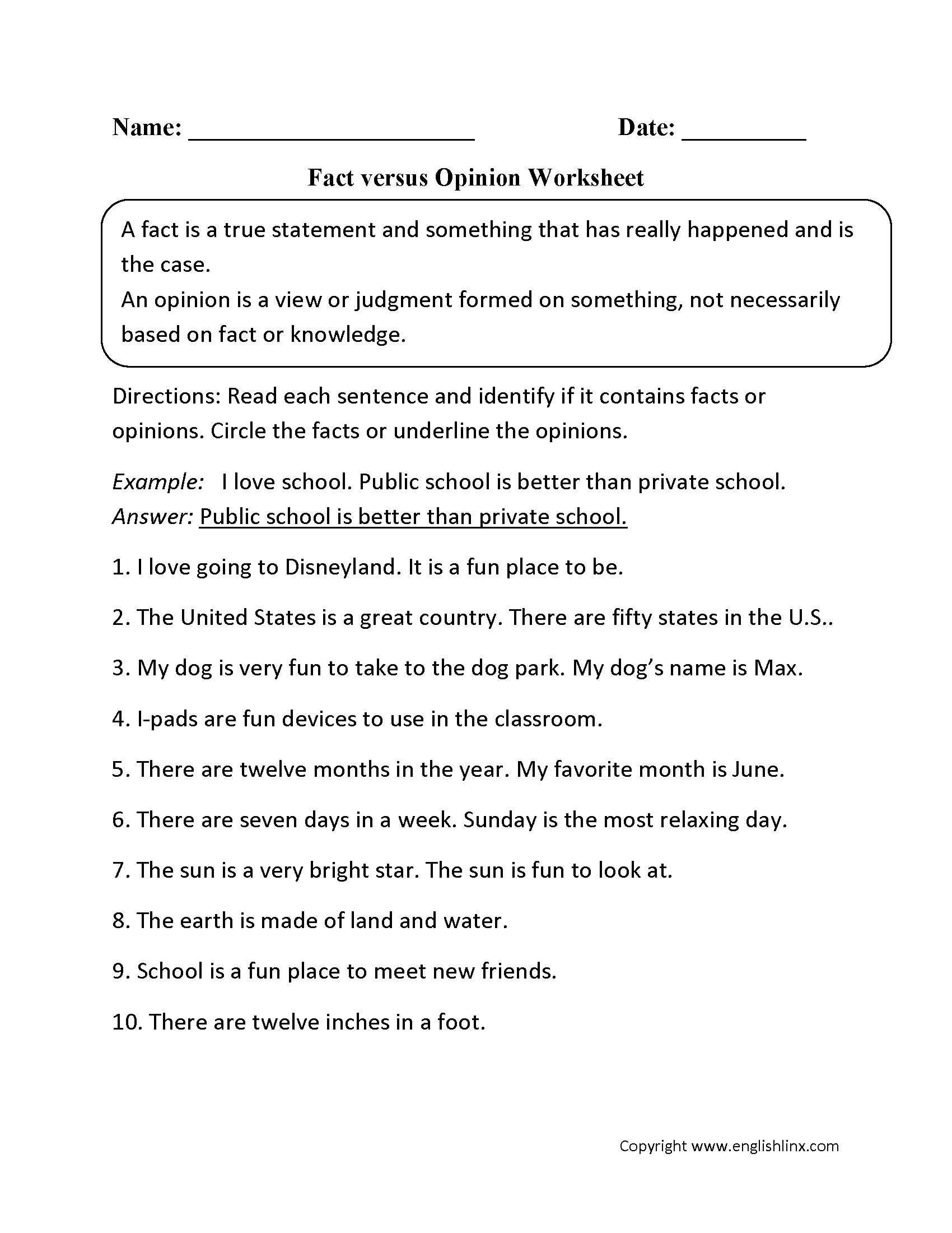 Reading Worksheets | Fact And Opinion Worksheets | Fact And