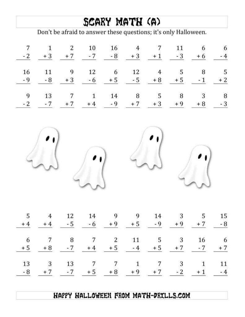 Scary Addition And Subtraction With Single Digit Numbers (A)