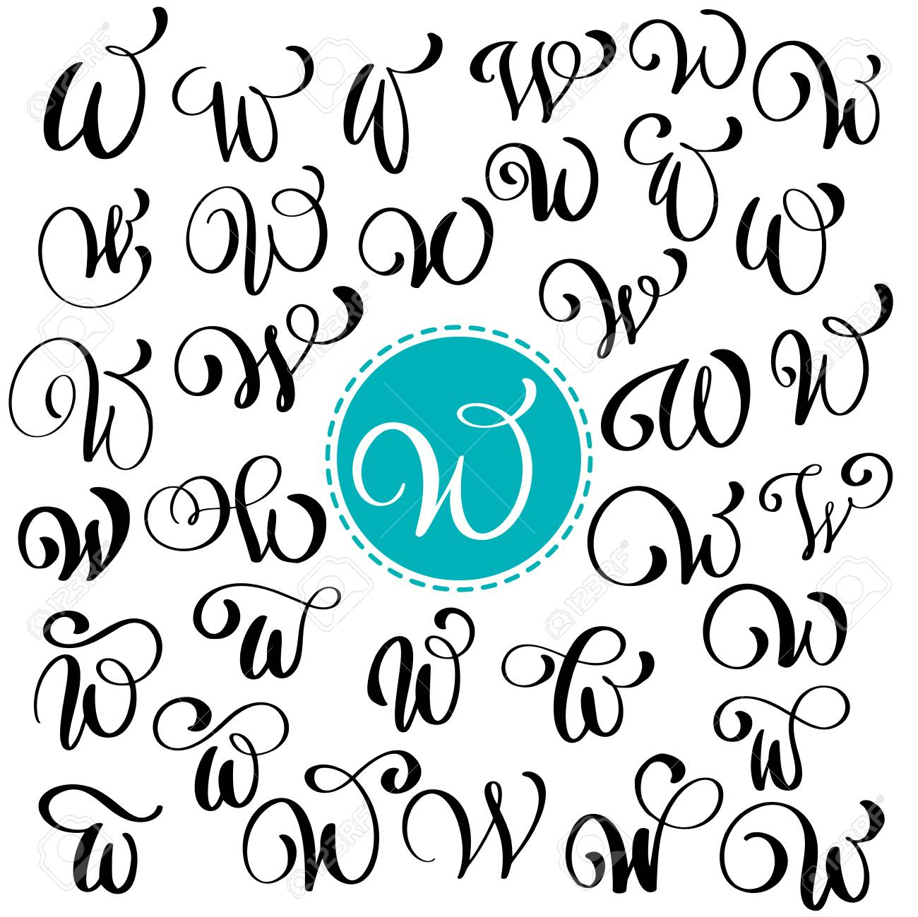 Set Of Hand Drawn Vector Calligraphy Letter W. Script Font. Isolated..