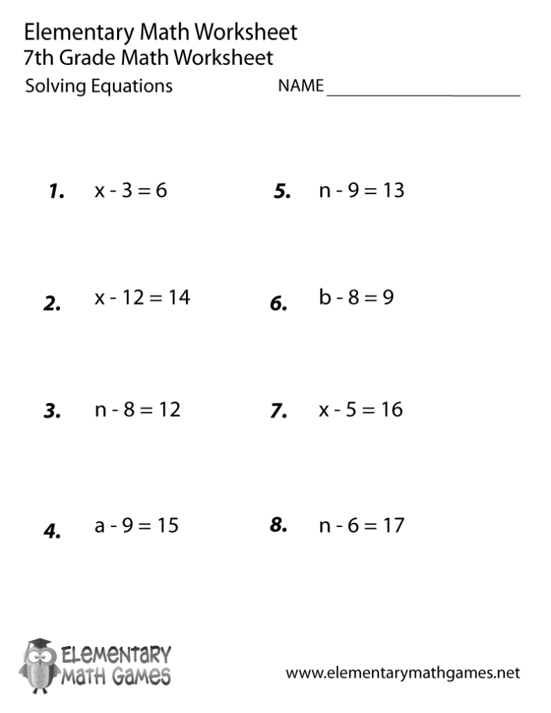 Seventh Grade Solving Equations Worksheet Printable | 7Th