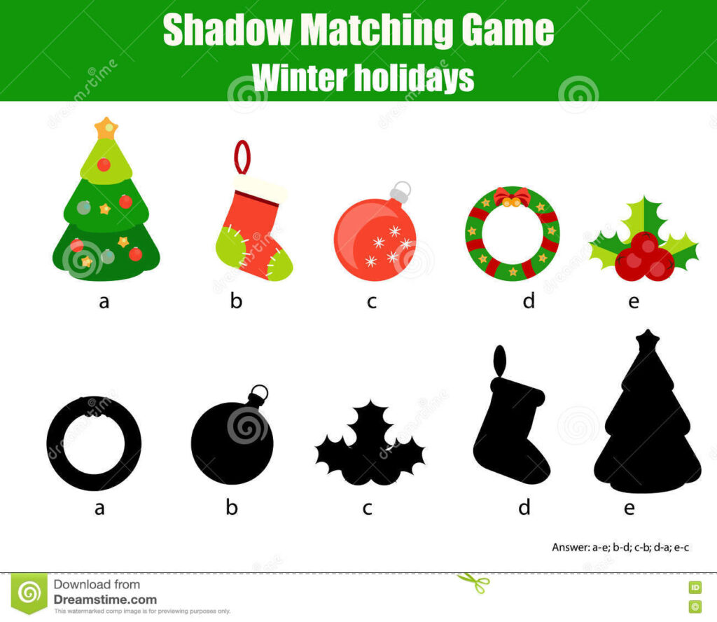 Shadow Matching Game. Christmas, Winter Holidays Theme, Kids