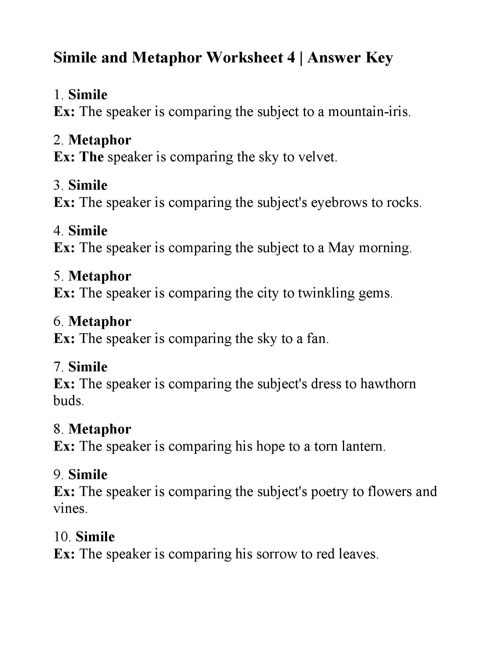 Simile And Metaphor Worksheet Answers Similes Metaphors