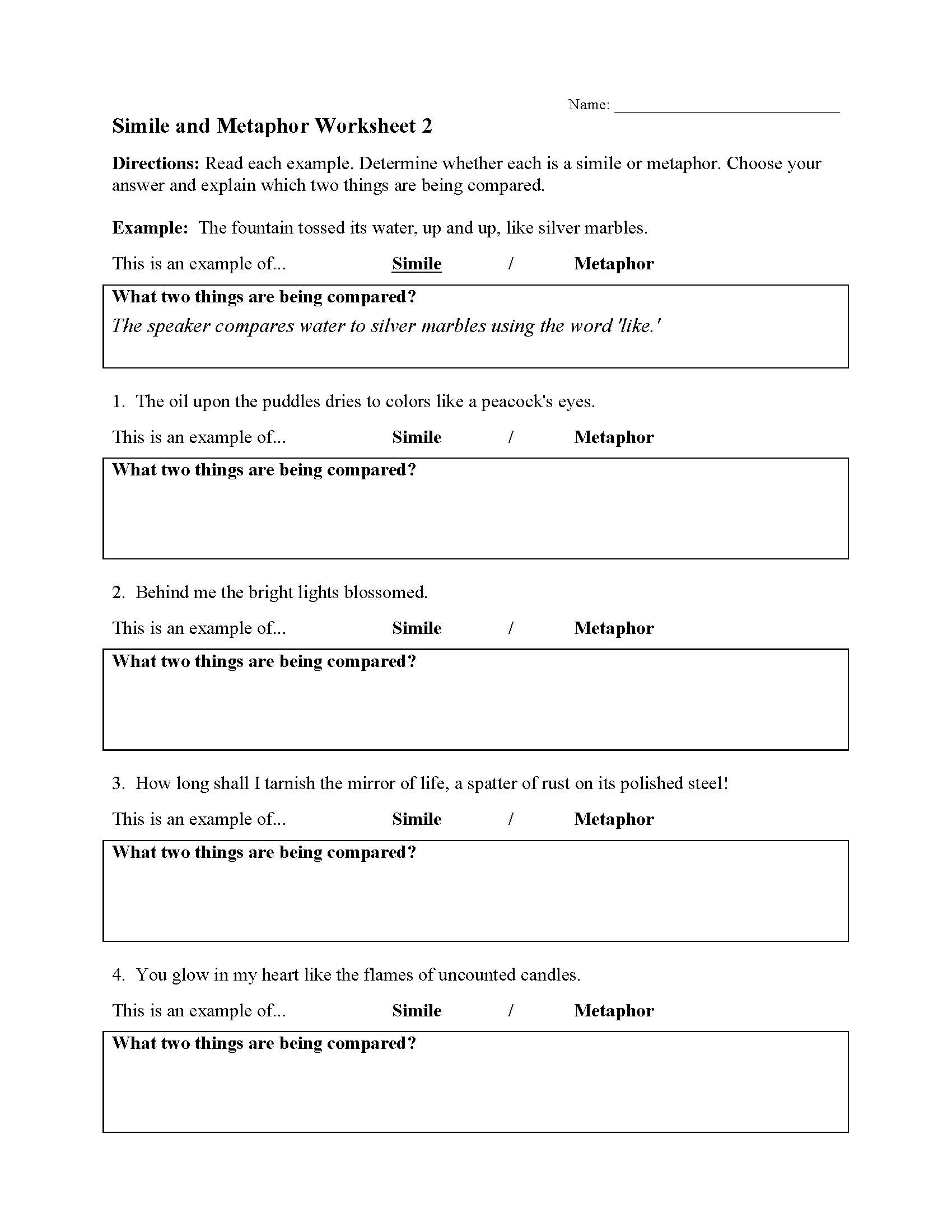 Simile And Metaphor Worksheet Preview Worksheets For Grade