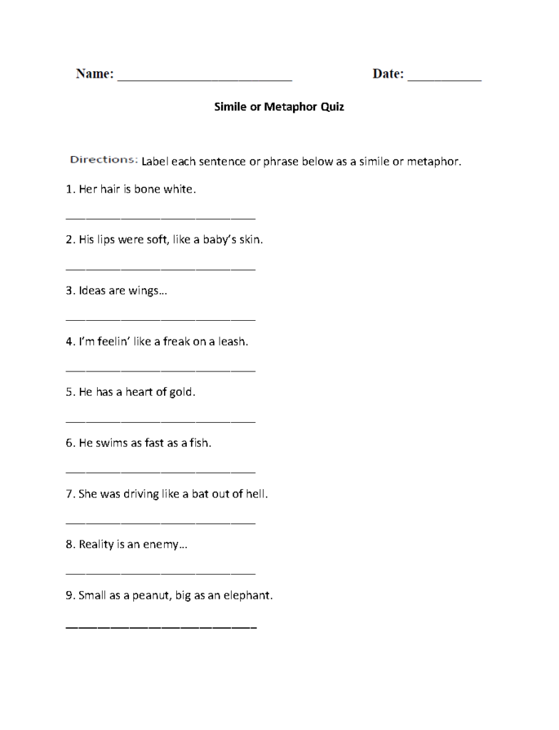 Simile Or Metaphor Quiz Worksheet | Similes And Metaphors