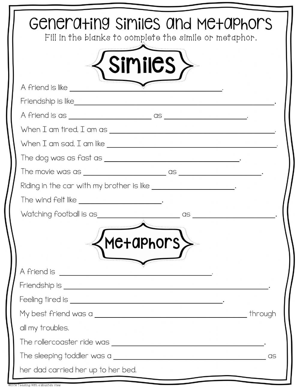 Similes &amp;amp; Metaphors Worksheet
