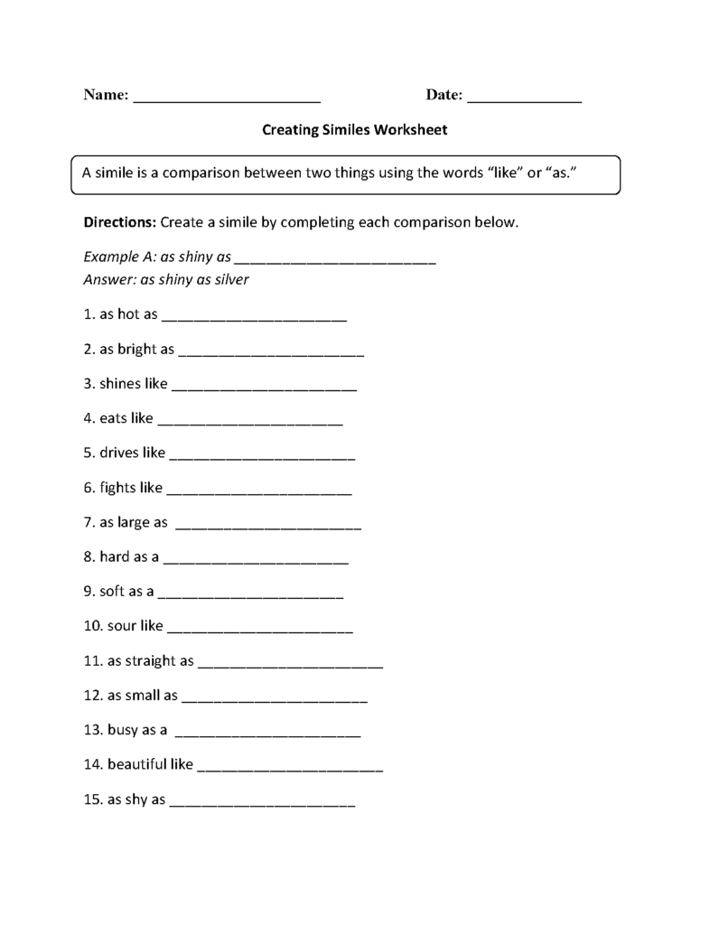 Similes Worksheets | Creating Simile Worksheet | Simile