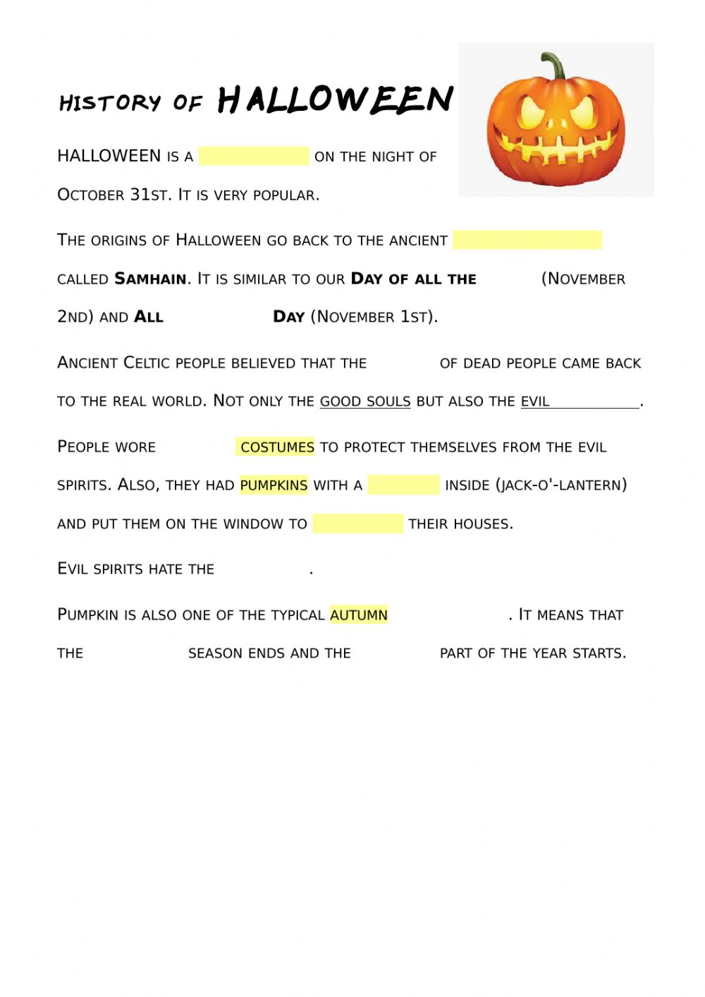 Simple History Of Halloween Worksheet