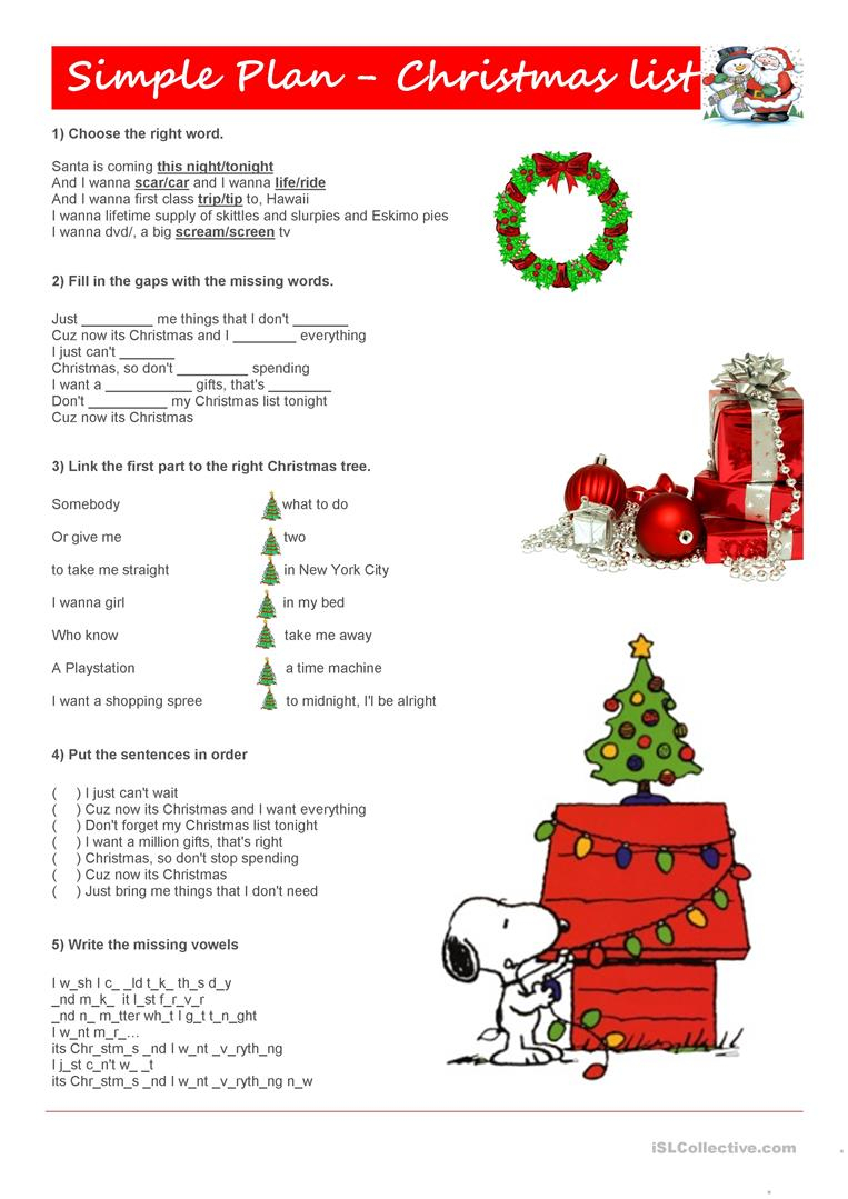 Simple Plan - Christmas List (Song) - English Esl Worksheets