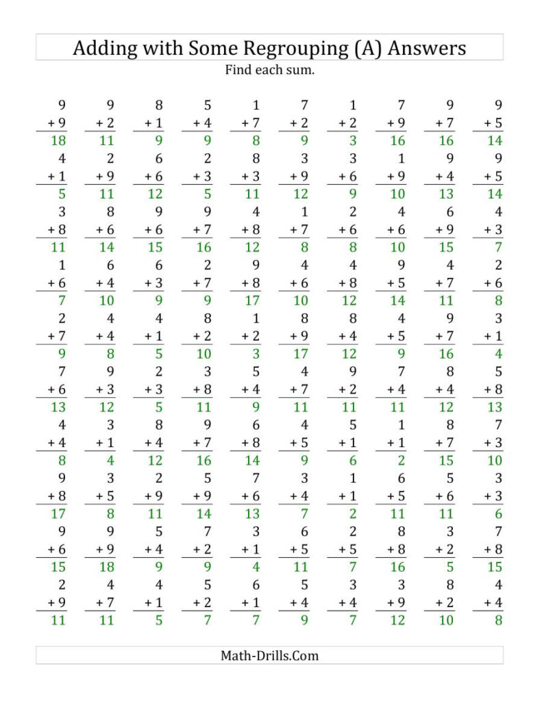 Single Digit Addition Questions With Some Regrouping Answers