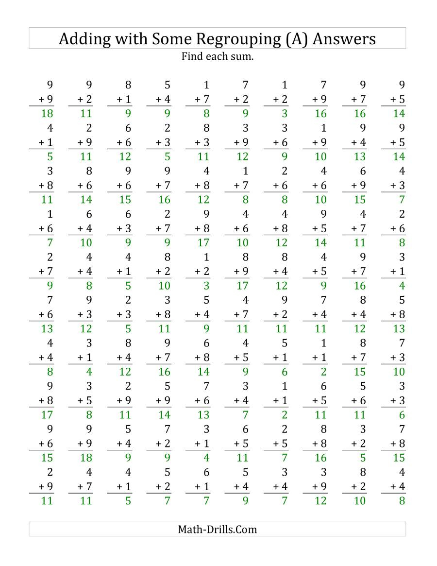 Single Digit Addition Questions With Some Regrouping Answers