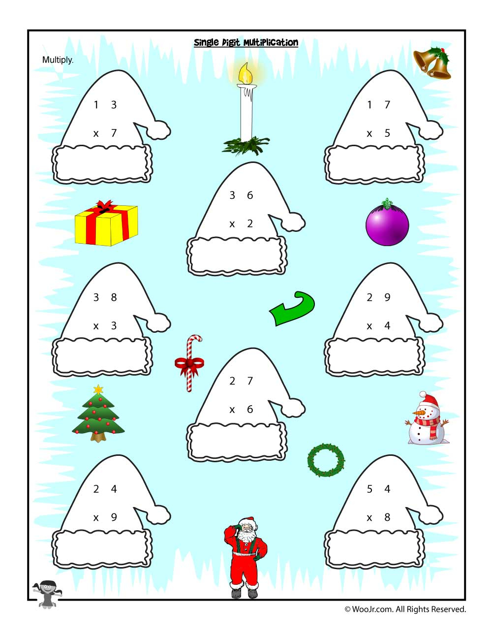 Single Digit Multiplication Christmas Worksheet | Woo! Jr