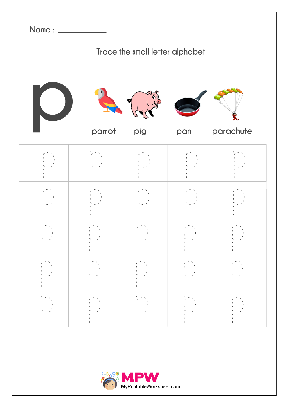 Small Letter Alphabets Tracing And Writing Worksheets Printable with regard to P Letter Tracing