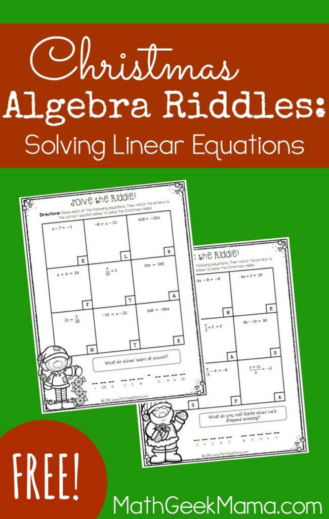Solving Linear Equations Activity Pages Christmas Theme