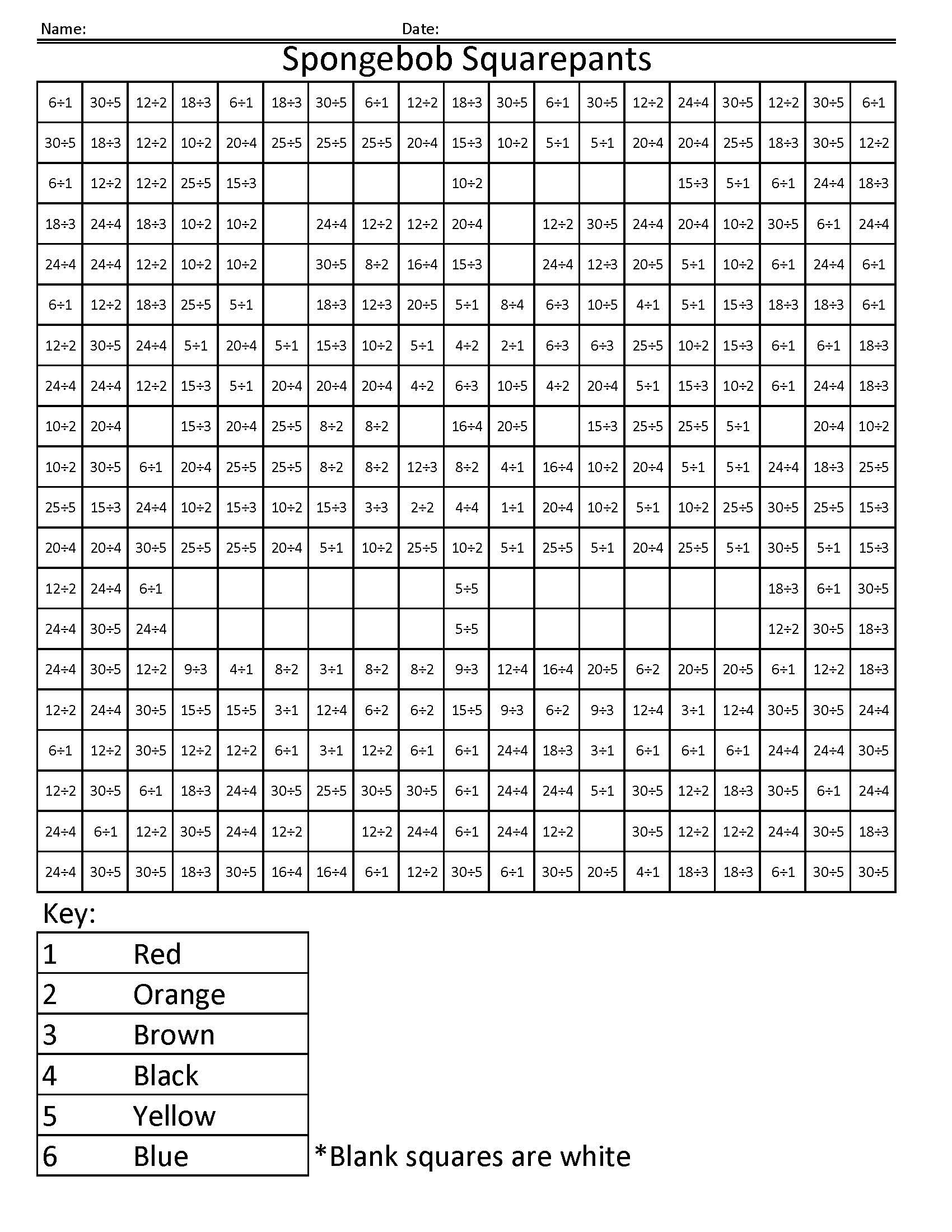 Spongebob Squarepants- Basic Division - Coloring Squared