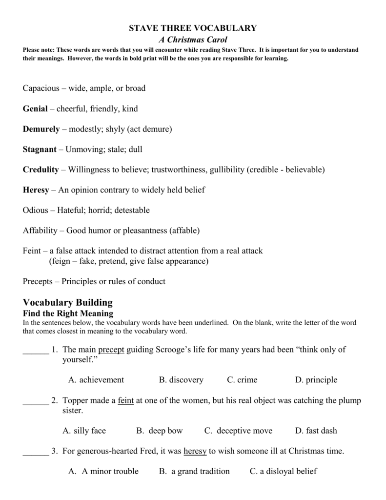 Stave Three Vocabulary A Christmas Carol