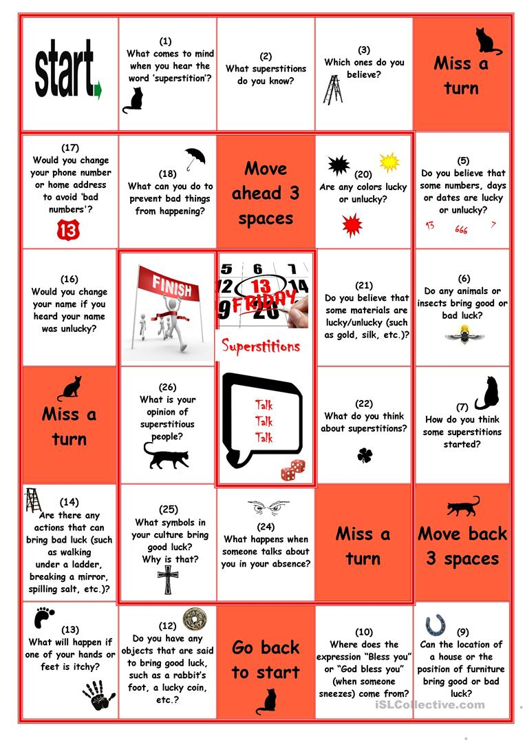 Superstitions Board Game - English Esl Worksheets For