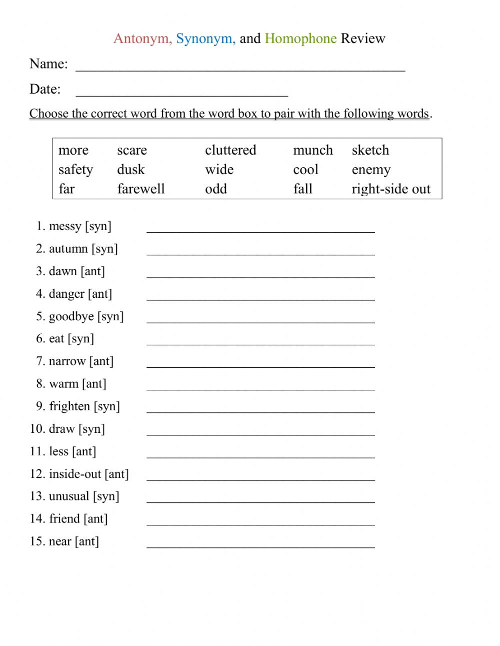 Synonyms-Antonyms Worksheet