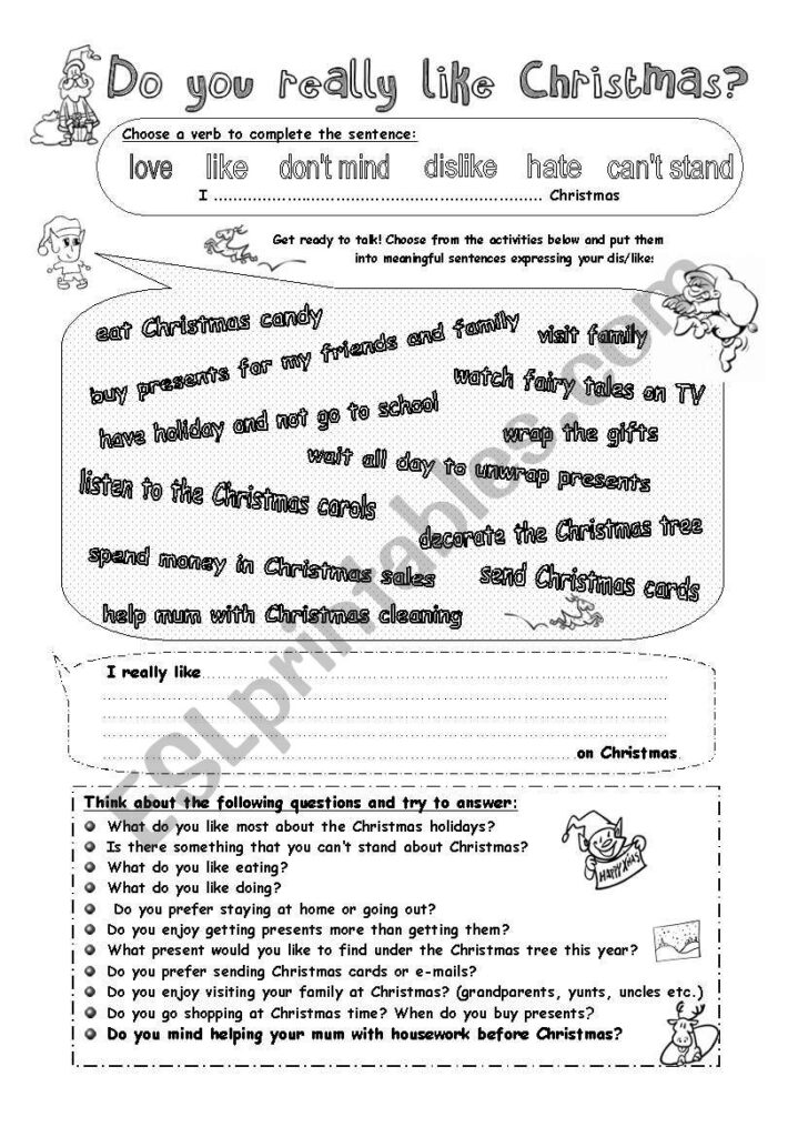 Talk About Christmas   Gerund After Verbs   Esl Worksheet