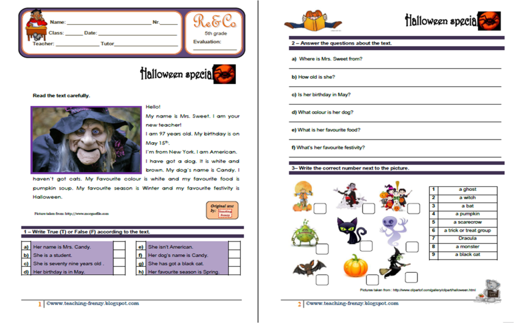 Teaching Frenzy: Halloween Reading Comprehension Ws. 5Th