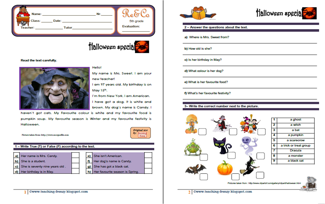 Teaching-Frenzy: Halloween Reading Comprehension Ws. 5Th