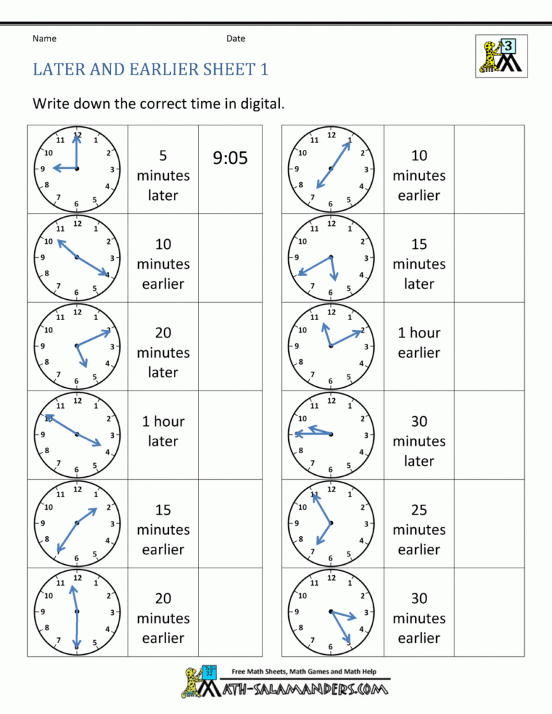 Telling Time To 5 Minutes Worksheets