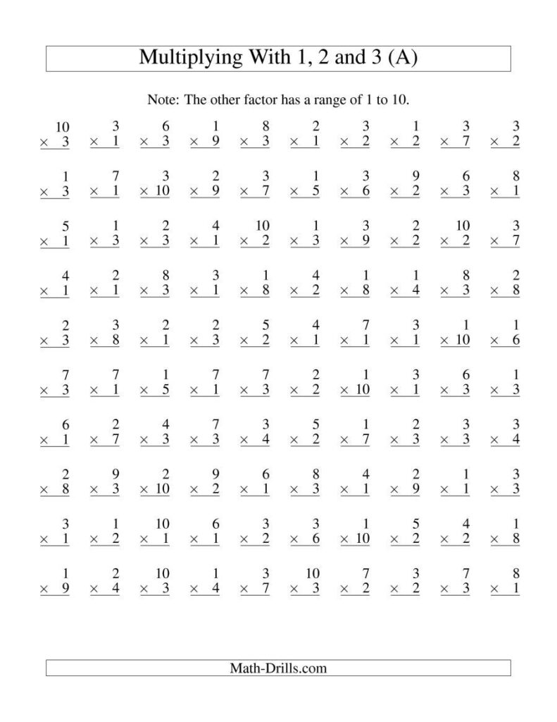 The 100 Vertical Questions    Multiplication Facts    1 3