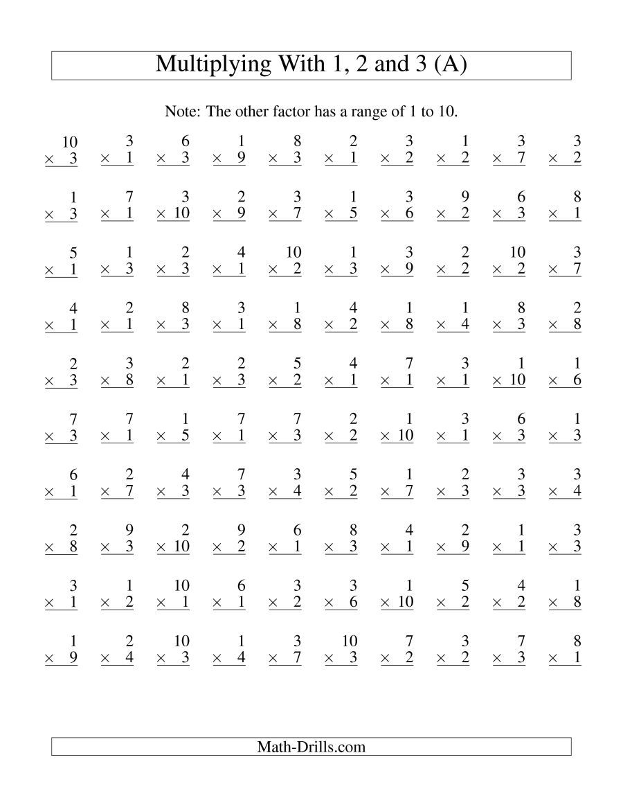 The 100 Vertical Questions -- Multiplication Facts -- 1-3