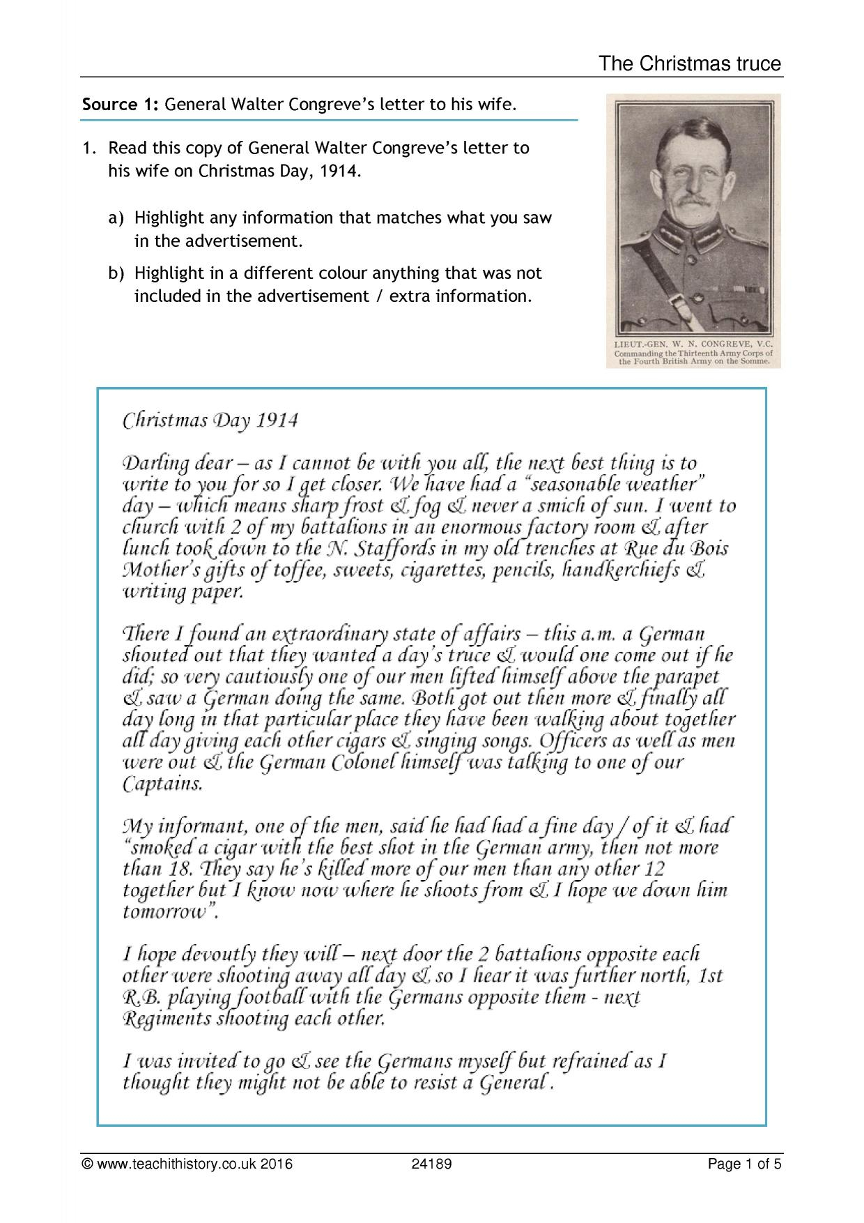 The World War 1 Christmas Truce Worksheet Answers AlphabetWorksheetsFree