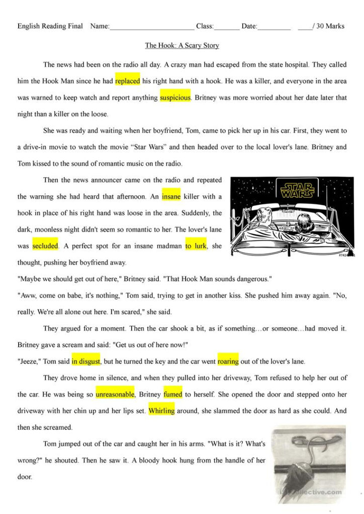 The Hook: A Scary Halloween Story   English Esl Worksheets