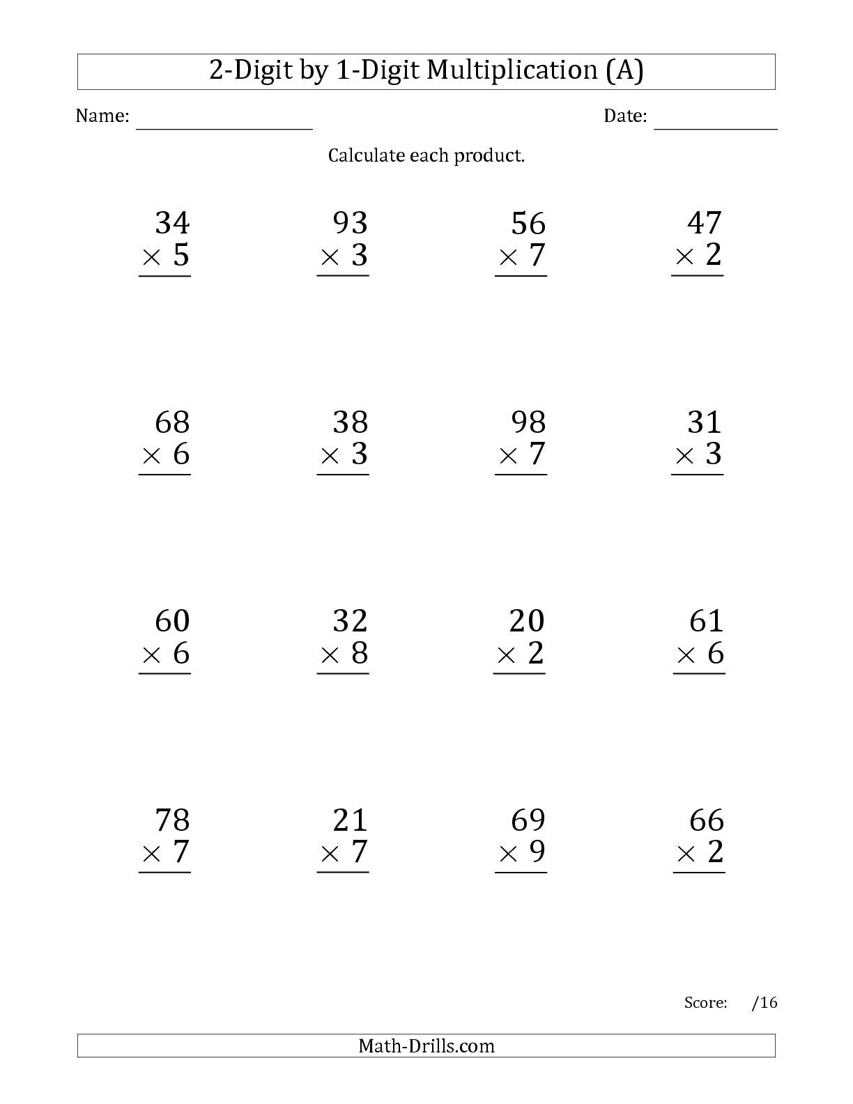 2 By 1 Digit Multiplication Worksheets With Grids