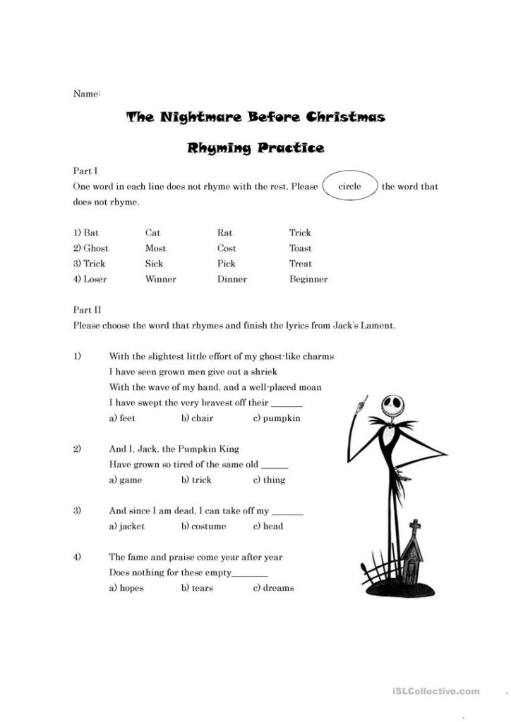 The Nightmare Before Christmas Rhyming Worksheet   English