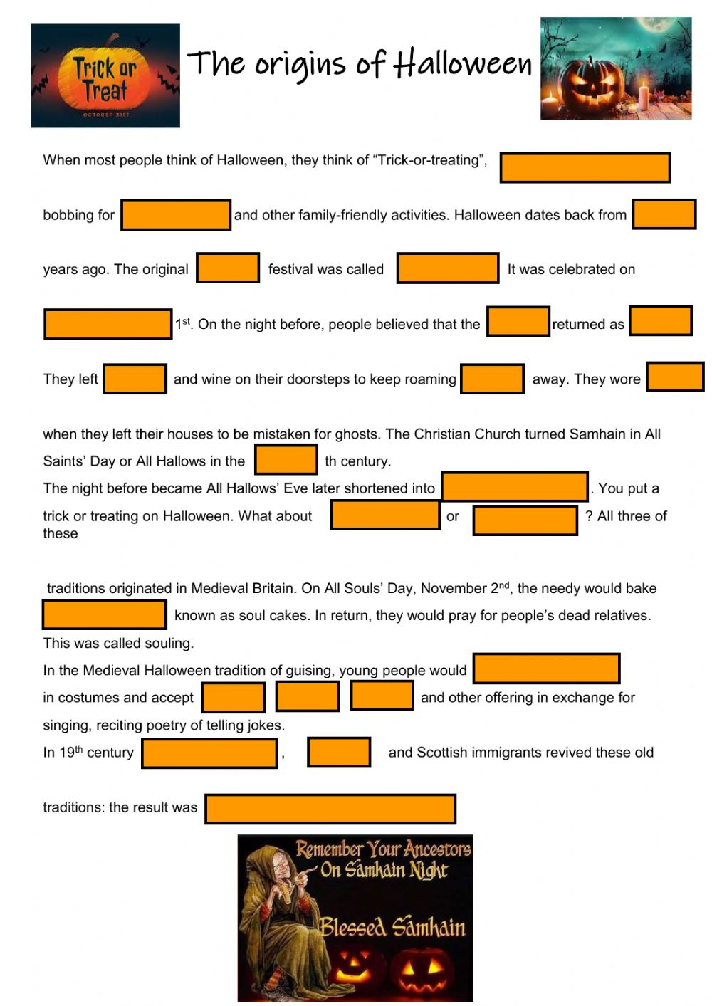 The Origins Of Halloween Worksheet