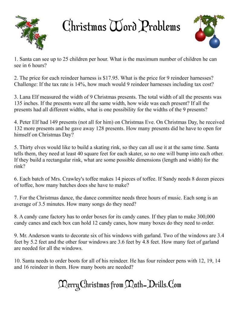 The Word Problems Math Worksheet From The Christmas Math