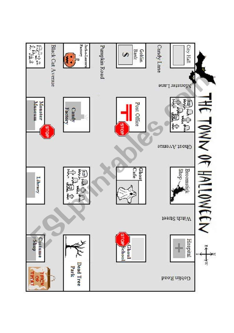 Town Of Halloween Map For Directions Lesson - Esl Worksheet