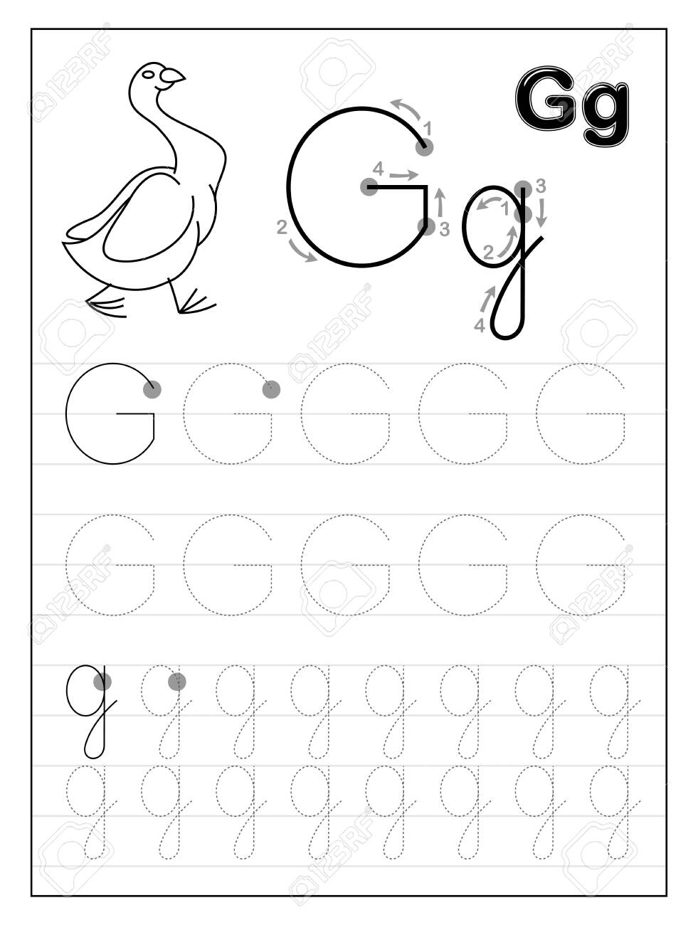 Tracing Alphabet Letter G. Black And White Educational Pages.. with G Letter Tracing