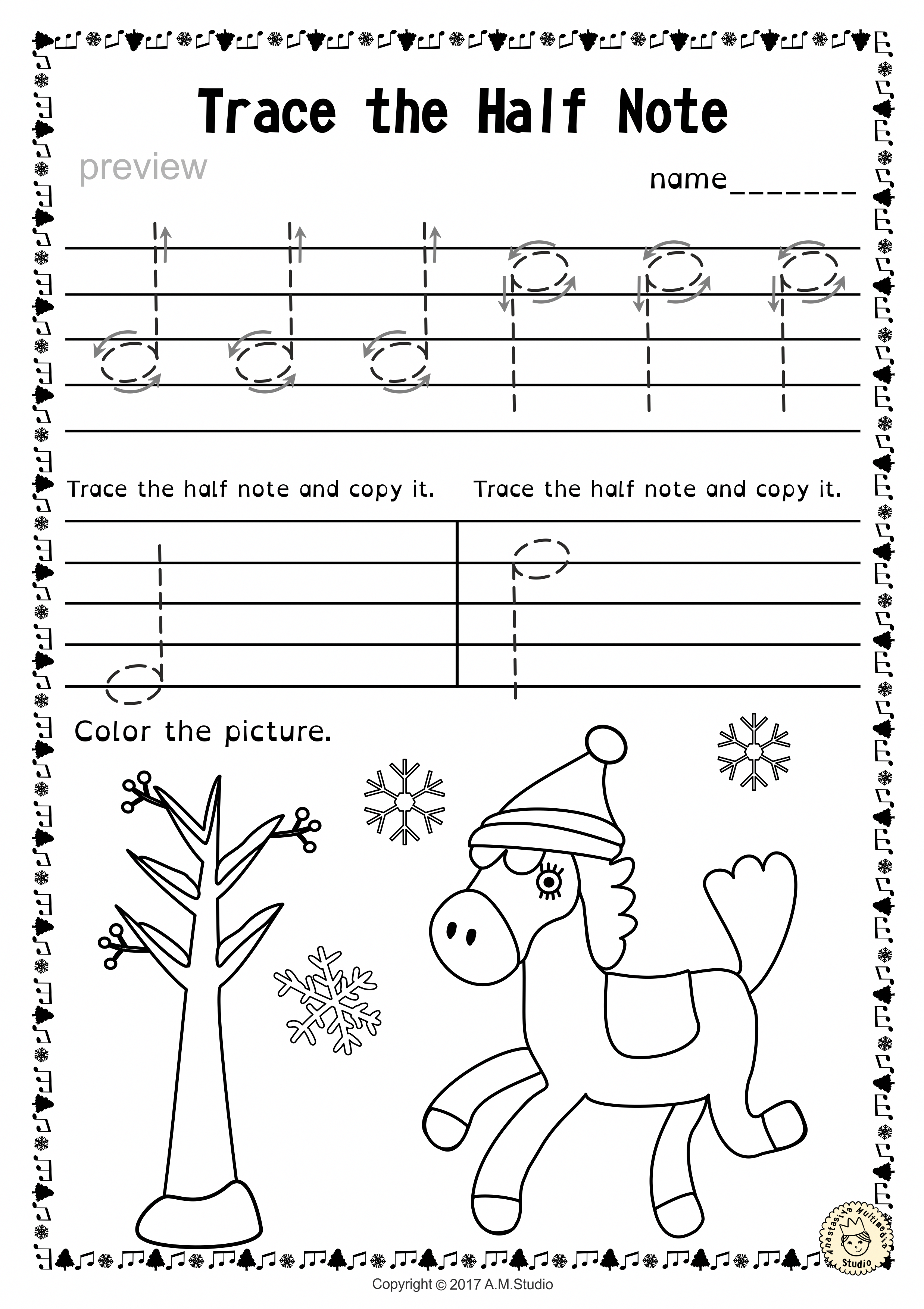 Tracing Music Notes Worksheets For Winter And Christmas