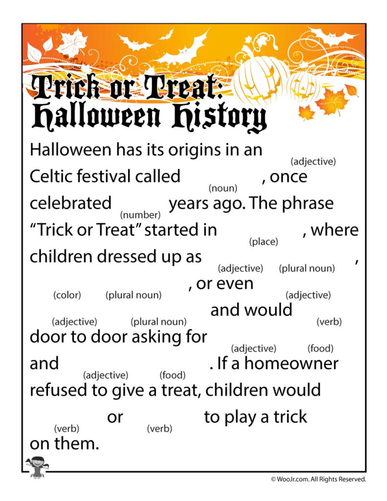 Trick Or Treat Halloween History Mad Lib | Woo! Jr. Kids Trick Or Treat Halloween History Mad Lib | Woo! Jr. Kids