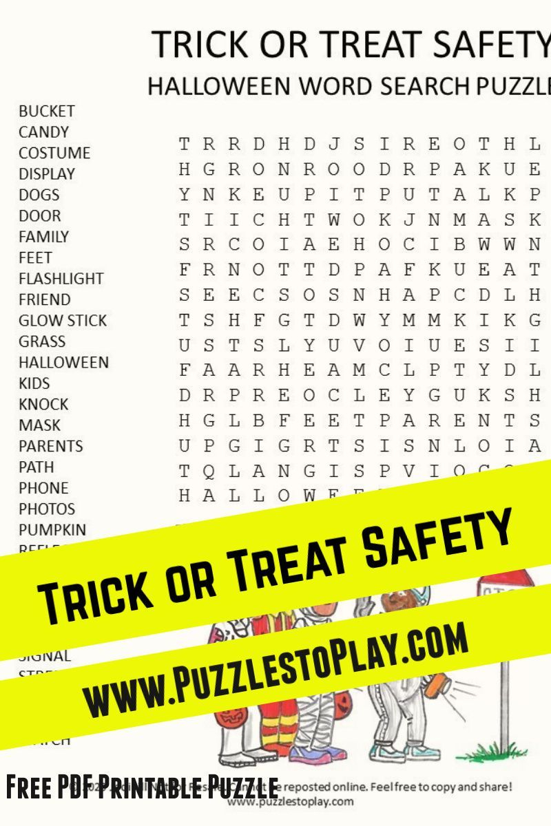 Trick Or Treat Safety Word Search Puzzle - Puzzles To Play