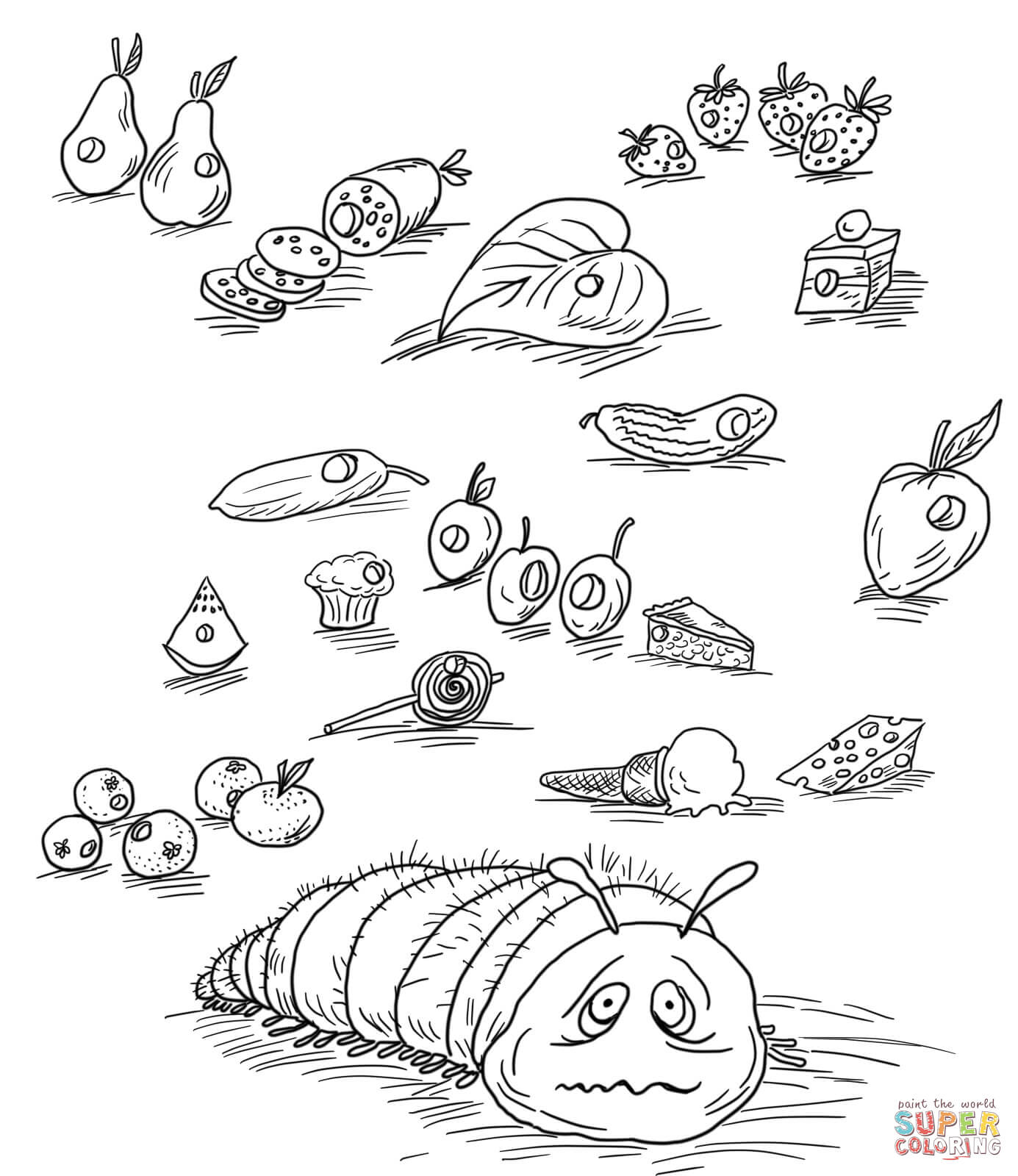 Very Hungry Caterpillar With Fruits And Foods Coloring Page