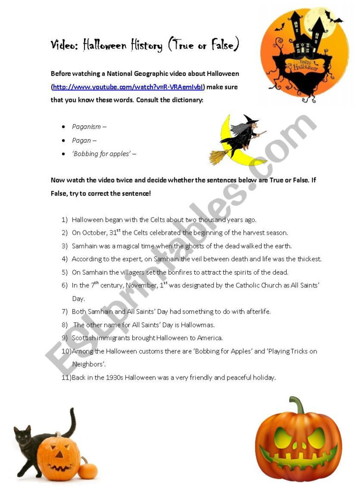 Video: Halloween History (True Or False)   Esl Worksheet