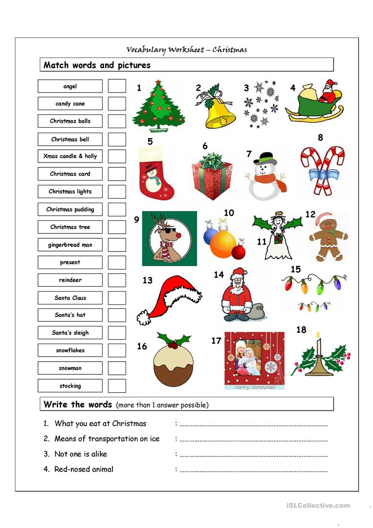 Vocabulary Matching Worksheet - Xmas - English Esl