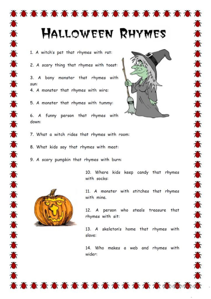 Vocabulary Work Halloween Rhymes   English Esl Worksheets