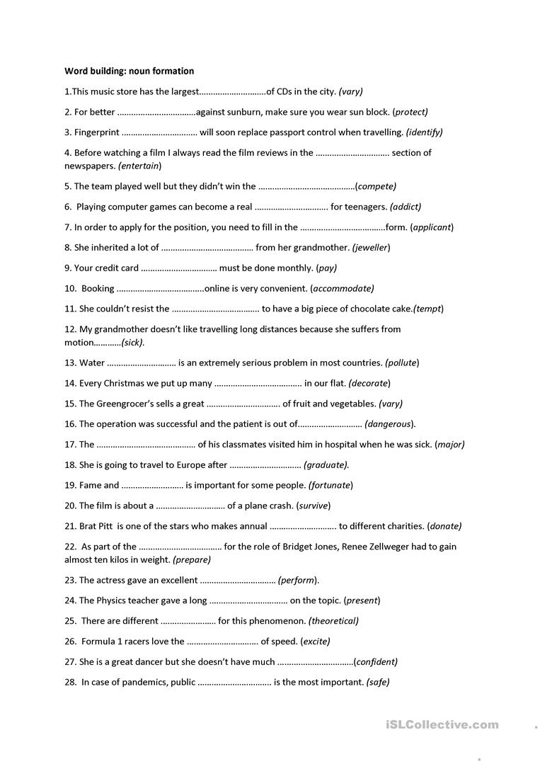 Word Formation-Nouns Worksheet - English Esl Worksheets For