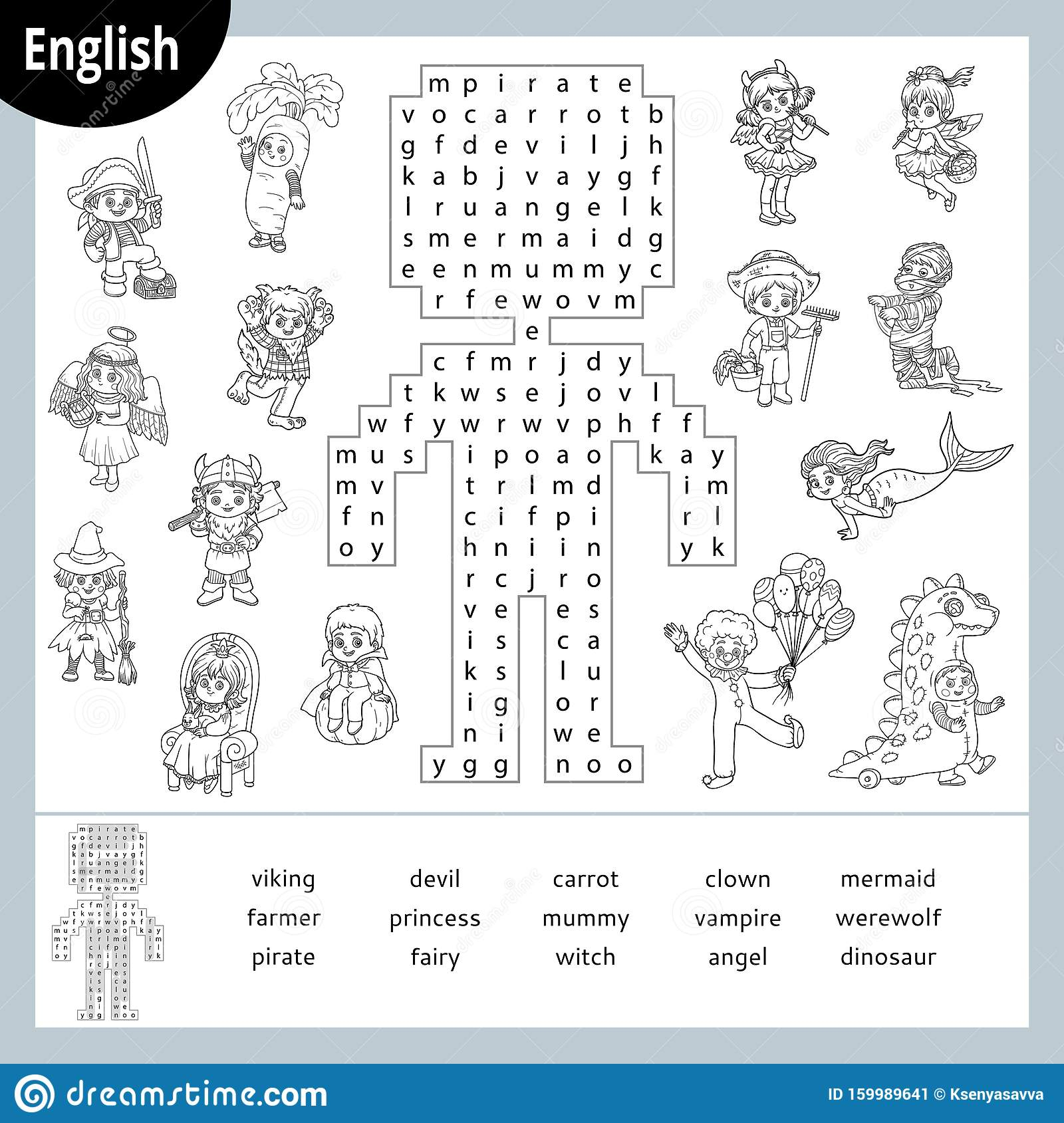 Word Search Puzzle. Cartoon Characters, Halloween Costumes