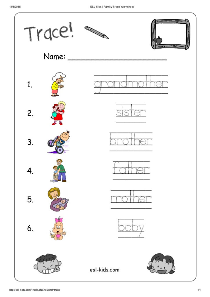 Worksheet ~ Esl Kids Family Trace Worksheet Tracing