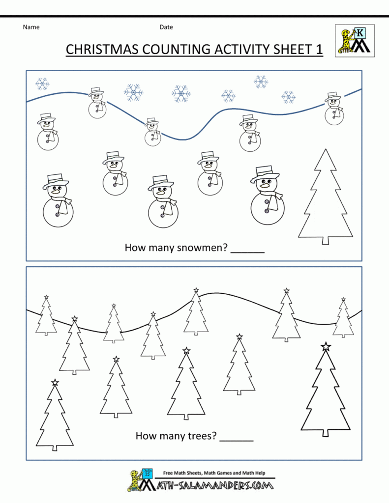 Worksheet ~ Kindergarten Christmas Matheets Counting 1Bw