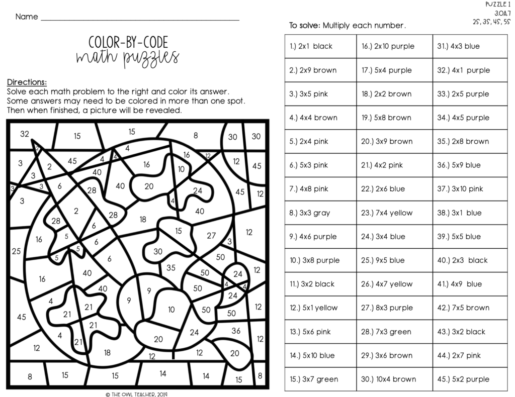 Worksheet ~ Multiplication Facts Colornumber Code The